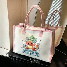 Miniso Pink Trim Off White Pokemon Starters Charmander Squirtle Bulbasaur Printed Canvas Tote Bag Women Anime Casual Shopping Handbag - Black - View 4