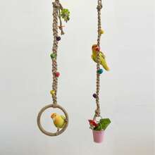 1pc Durable Hemp Rope Hand-Woven Parrot Climbing Swing, Bird Cage Toy With Colorful Wooden Beads And Round Swing, Helps Birds Chew And Relieve Boredom, Can Be Hung Horizontally Or Vertically In Bird Cage, Suitable For Small, Medium, Large Bird Cage Decoration Toy - View 9