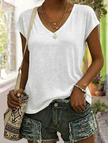 3pcs Solid Color Plus Size V-Neck T-Shirts, Casual Short Sleeve T-Shirts Spring/Summer, Women's Clothing - Black + White + Light Gray - View 3