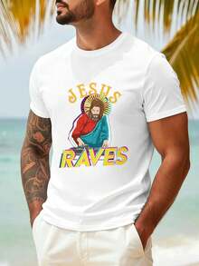 Jesus Raves Graphic Men's Oversized T-Shirt, Spring, Quality Fabric, Comfortable Fit, Breathable, Street Hip-Hop, Art Print - White - View 1