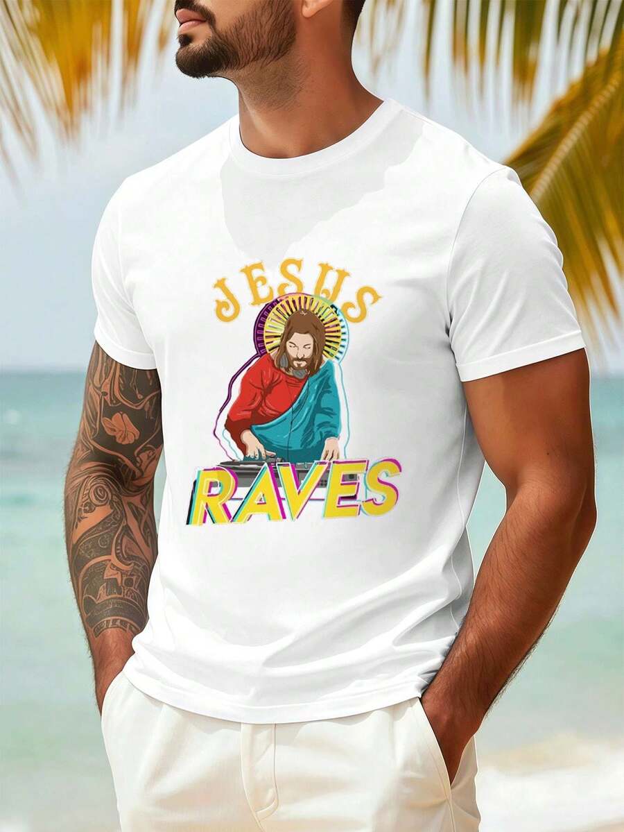 Jesus Raves Graphic Men's Oversized T-Shirt, Spring, Quality Fabric, Comfortable Fit, Breathable, Street Hip-Hop, Art Print - White - View 1