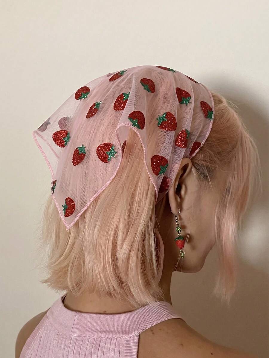 1件女款時尚草莓印花三角巾髮帶髮飾,適合日常佩戴與百搭造型 - 粉紅色草莓 - 查看 1