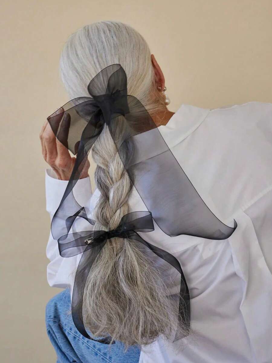 1/2pcs Solid Color Mesh Oversized Bow Hair Clip, Fashionable Elegant Flowing Hair Accessory, Suitable For Any Occasion - Black - View 1