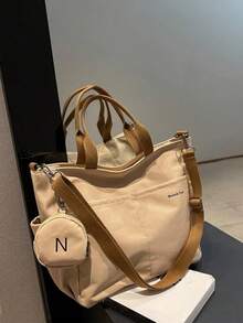 Letter Print Shopping Tote Bag And Coin Purse - Khaki - View 8