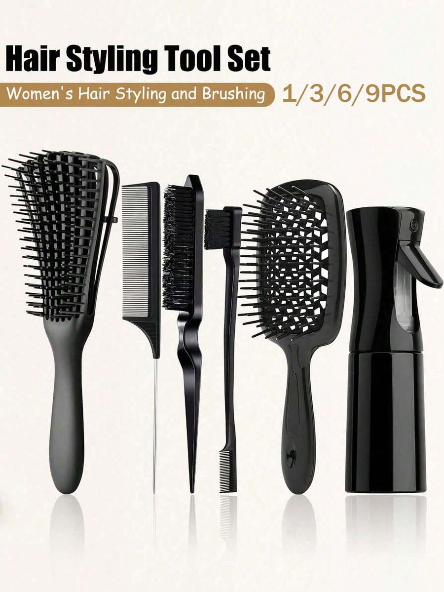 OBOVAY 1/3/6/9pcs Unisex Hair Comb Set, Includes Detangling Comb, Side Comb, Back Comb, Curling Comb With Spray Bottle, Straightening Comb, Scalp Massage Comb, Wide Tooth Comb, Hair Clips And Styling Comb Set