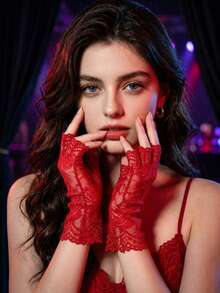 1 Pair Women's Elegant 3D Floral Lace Fingerless Gloves, Breathable Hollow Mesh Design, Suitable For Wedding, Party And Daily Wear - Multicolor - View 3