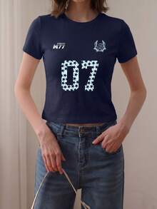 Y2K風格字母印花短版T恤，修身女款上衣，甜酷休閒夏季風格 - 藏藍 - 查看 8