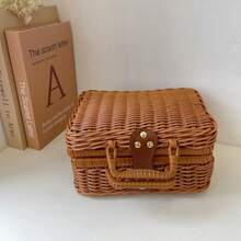 Handwoven Rattan Storage Basket, Multifunctional Desktop Cosmetic Organizer, Wedding Gift & Souvenir Box For Home Bedroom Sundries Arrangement - Brown - View 8