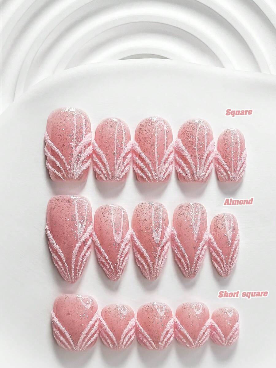 10片裝休閒風手工穿戴甲,Polygel美甲套組,紋理線條設計,亮粉色指甲,柔美優雅風格,附美甲工具,3種尺寸可選:方形、短方形、杏仁形,適合派對、跳舞、日常配戴 - 彩色 - 查看 1