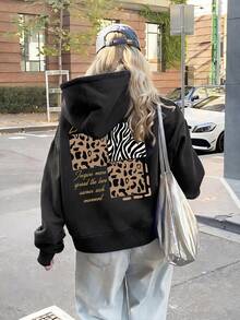 Women's Casual Drawstring Hooded Sweatshirt, Double-Sided Animal Print Pattern Detail, Long Sleeve Knit Pullover, Suitable For Daily Wear - Black - View 1