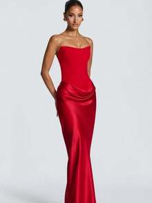 Women Satin Strapless Corset Maxi Dress, Detachable Choker Tie Sash Draped Waist Bodycon Mermaid Formal Evening GownSoft11147 - Red - View 2