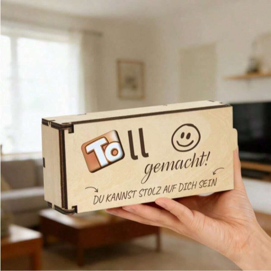 1pc Wooden Gift Box With "Toll Gemacht!" Pattern, Encouragement Commemorative Box, Decorative Gift Packaging Box, Suitable For Graduation, Achievement And Daily Motivation Gifts - View 1