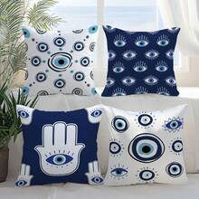 4pcs Bohemian Blue Evil Eye Pillow Covers, Turkish Nazar Lucky Eye Print Pattern, Single-Sided 2D Flat Print, Soft Comfortable Polyester Cushion Covers, 45*45cm (18*18in), Zipper Closure, Machine Washable, Suitable For Living Room Bedroom Home Decor (Pillow Covers Only, No Insert Included) - Multicolor - View 7