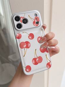 1pc Fashion Creative Full-Screen Red Cherry Pattern Electroplated Silver Leather Puffy Phone Case Compatible With Apple XS/XS Max/XR/11/12/13/14/14 Plus/15/15 Plus/16 Pro/16 Pro Max/17 Pro Max Series, Shockproof, Camera Protection, Holiday Gift, Suitable For Men And Women Couples - Multicolor - View 1