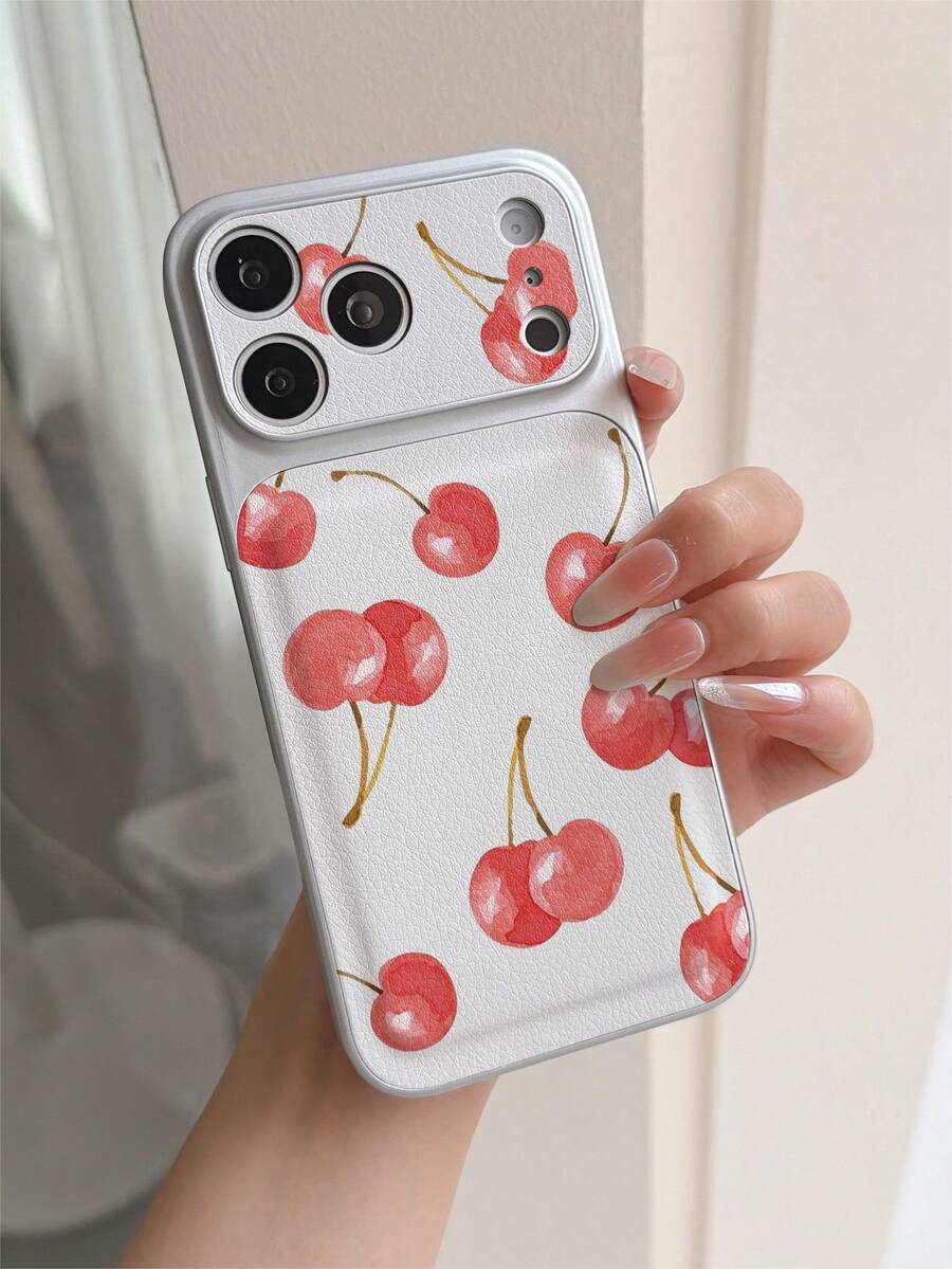 1pc Fashion Creative Full-Screen Red Cherry Pattern Electroplated Silver Leather Puffy Phone Case Compatible With Apple XS/XS Max/XR/11/12/13/14/14 Plus/15/15 Plus/16 Pro/16 Pro Max/17 Pro Max Series, Shockproof, Camera Protection, Holiday Gift, Suitable For Men And Women Couples - Multicolor - View 1