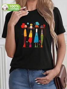 2026 New Women's Pure Cotton T-Shirt - Loose Fit, Round Neck, Printed Short Sleeve Top. Touch, Plus Size Summer Clothing Black Casual - Black - View 2