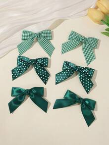6pcs Girls Minimalist Multi-Color Polka Dot Plaid Bow Hair Clips For Ponytail, Everyday Versatile - Green - View 4
