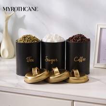 Myrothcane 3pcs Black Gold Tea Coffee Sugar Canister Set, Stainless Steel Airtight Storage Jars With Golden Lids, Modern Kitchen Counter Storage Container - Gold - View 8