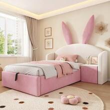 Children's Bed 90x190 Cm Velvet Upholstered Bed, Bunny Ear Headboard With Storage Space & Bedside Table, Designer Youth Bed - 米色 - 查看 1