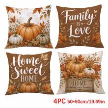 Herbst Vintage Braun Kürbis & Ahornblatt Gemütliches Zuhause Slogan Kissenbezug 4 Stücke Set, einseitig Muster Pfirsichhaut Samt Polyester Material, 45*45/50*50CM Kissenbezüge für modernes Stoffsofa Innenraum Dekoration, Party Dekoration, Geschenk - Verschiedenfarbig - Übersicht 11