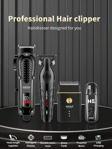 HIENA 男士理容套裝，理髮器，T型刀頭修剪器，輪廓修剪器，箔片刮鬍刀，鼻毛修剪器，無線理髮器，USB充電理髮器套裝，理髮師理髮器，家用理髮器套裝，LED顯示修剪器 - 黑色 - 查看 1
