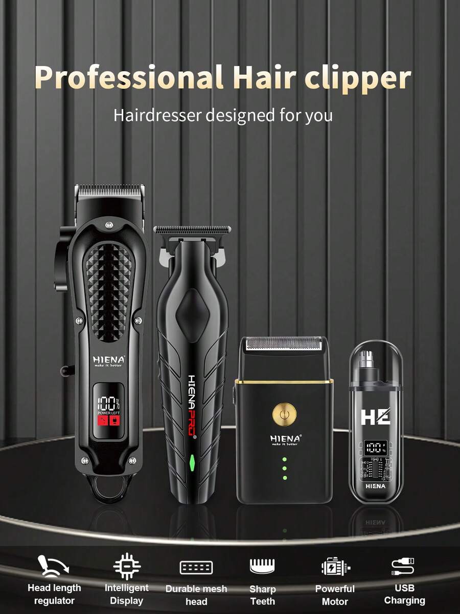HIENA 男士理容套裝,理髮器,T型刀頭修剪器,輪廓修剪器,箔片刮鬍刀,鼻毛修剪器,無線理髮器,USB充電理髮器套裝,理髮師理髮器,家用理髮器套裝,LED顯示修剪器 - 黑色 - 查看 1