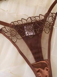 1 Set Of 2 Women's Coffee Colored Embroidered Floral Ultra Short Tops, Comfortable Home Style Underwear And Panties, Suitable For All Seasons - Coffee Brown - View 5