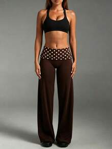 Pantalones acampanados de cintura ancha con lunares casuales para mujer, leggings de cintura alta plisados y estilizadores - Lunares marrones - Ver 5
