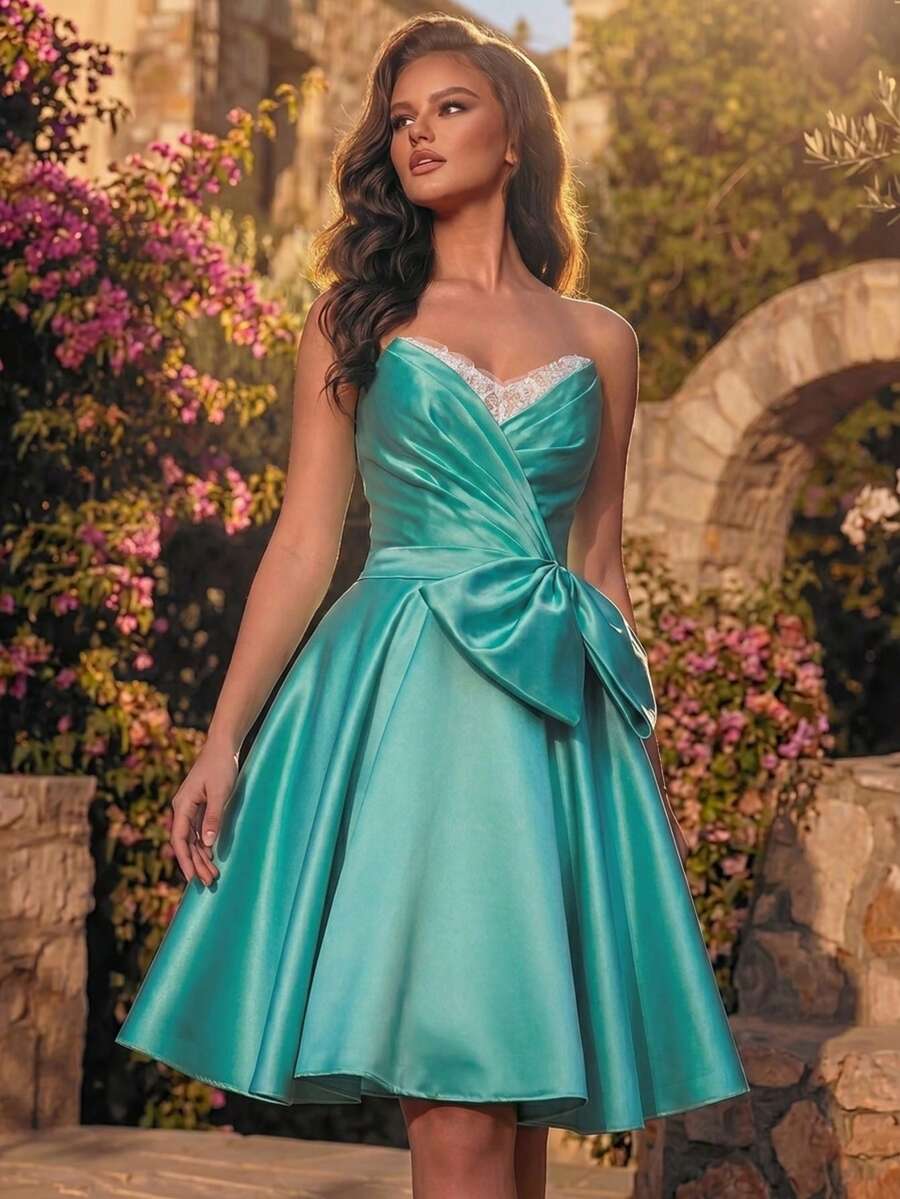 Stylish Strapless Ball Gown For Women, Sleeveless Knee-Length Flared Skirt Party Dress, Backless Wrap-Around Zipper Detail. Wedding Spring - Green - View 1