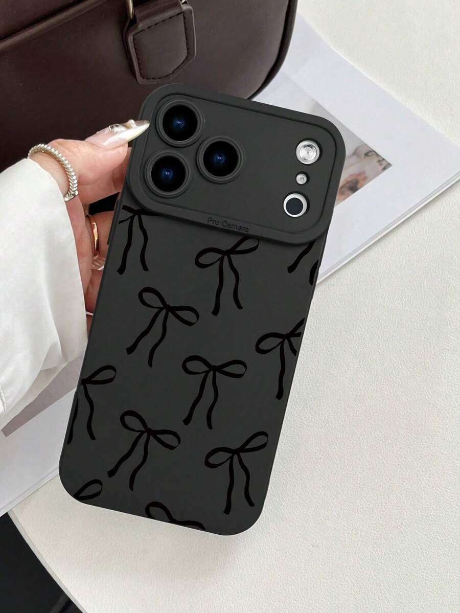 1pc 2D Printed Bow Pattern Phone Case, Matte Black Frosted Anti-Fingerprint TPU Soft Shell, Raised Full Camera Protection, Shockproof, Anti-Drop, Dustproof, Waterproof, Classic Minimalist Premium Style, Atmospheric, Ins Style, Vintage, Suitable As Gift For Friends, Family, Couples, Birthday, Holiday - Black - View 1