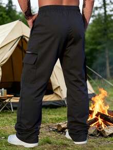 Men's Long Sports Cargo Pants, Elastic Drawstring Waist, Built-In Multi-Pocket Design, Outdoor Hiking Black - Black - View 2