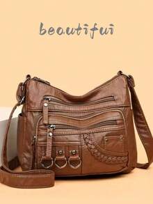 Retro Casual Multi-Pocket Crossbody Bag, Foldable, Portable, Large-Capacity Brown PU Punk-Style Mom Bag - Brown - View 7