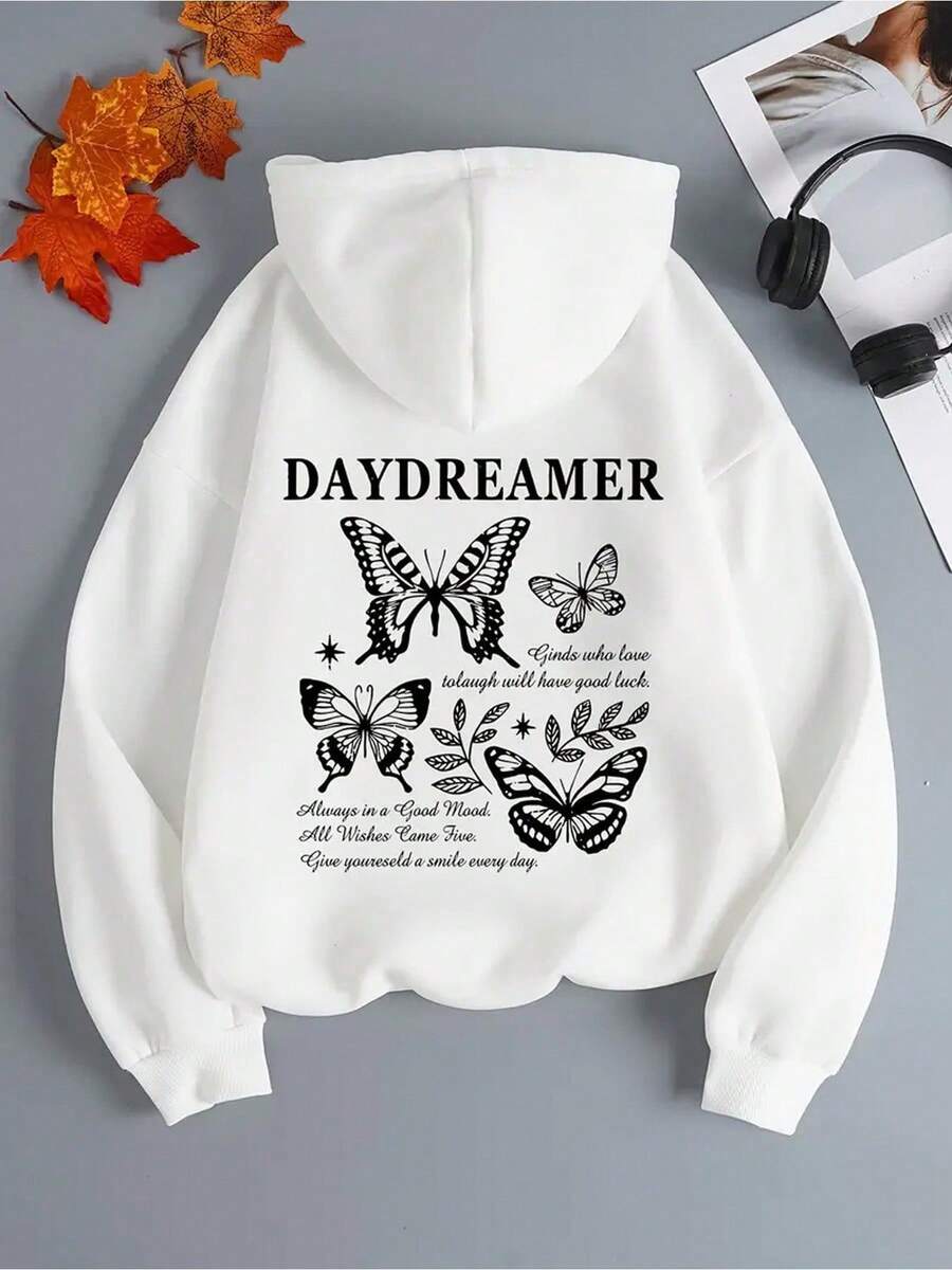 Moletom Feminino com Capuz e Estampa de Borboleta, 100% Poliéster, Levemente Elástico e com Elasticidade, Pulôver de Inverno com Capuz - Branco - Visão 1