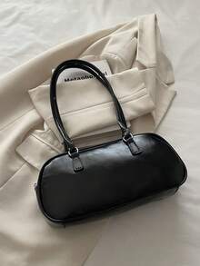 1 pieza Bolso de mano negro de PU liso con cierre de hebilla anular, versátil, casual, de unicolor, minimalista, nuevo de nicho para verano, adecuado para uso diario de mujeres - Negro - Ver 5