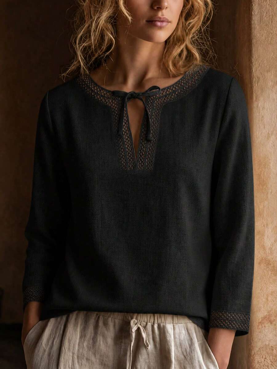 Women's Casual Lace Trim Pullover Long Sleeve V-Neck Blouse With Ribbon Decor, Suitable For Daily Wear And Vacation Black - Black - View 1
