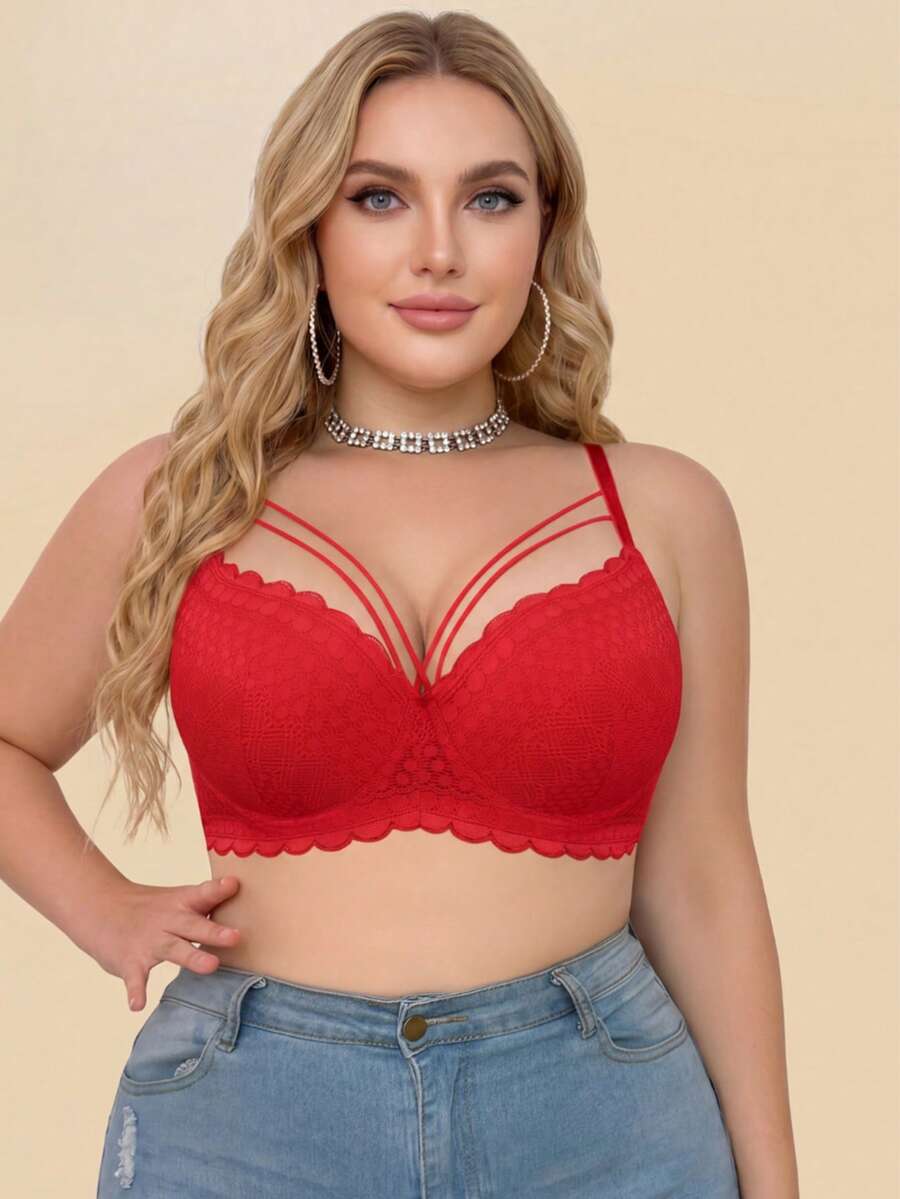 MIMILEMON Plus Size Red Lace Padded Underwire Bra - Red - View 1