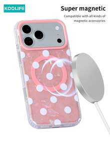 KOOLIFE 1pc Pink Iridescent Shell White Big Polka Dot Magnetic Phone Case, Built-In MagSafe Magnet With Independent AI Button, TPU+PC 2 In 1 Dual Layer Shockproof Glossy Cover, Cute Sweet Ins Girly Minimal Fashion Style, Raised Anti-Scratch Camera Edge Holiday Gift Shell Compatible With Apple 17/17pro/17promax/16/15 - Pink White Polka Dots - View 3