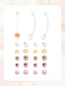 3+20Pcs/Set Maternity UV Belly Button Ring-Polymer Clay Floral Ball Navel End Elegant&Charming Size 1.6*38mm Because Moms Deserve To Be Beautiful - Yellow Gold - View 7