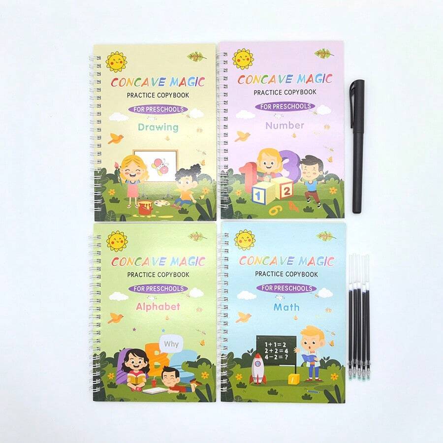 4pcs Children's Grooved Calligraphy Practice Books For Hard Pen Writing