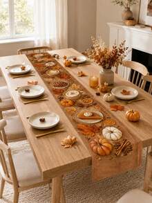 1pc-Autumn Linen Table Runner, Coffee Pumpkin Dessert Table Decor, Rustic Farmhouse Fall Dining Table Runner For Kitchen, Single-Sided Harvest Table Decoration, Thanksgiving Holiday Centerpiece Accent For Home Parties - Multicolor - View 8