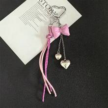 1pc Unisex Black Leather Bow Heart Tassel Keychain Silver Heart Clasp Bag Charm Purse Charm Keyring Back To School Daily - Multicolor - View 8