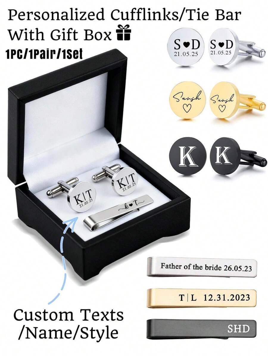 Personalized Cufflinks Engraved Tie Bar Circle Cuff Links & Tie Clip Set Groomsmen Gifts Wedding Gift. Custom Best Man Gift For Groom, Groomsmen Gift, Gift For Him - Multicolor - View 1