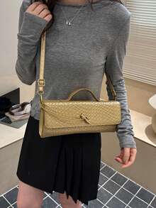 Women's Woven Evening Clutch, Rectangular Handbag With Top Handle And Detachable Crossbody Strap, Vintage Minimalist Shoulder Bag, Suitable For Parties And Daily Commute - Gold - View 2