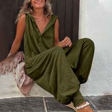 Enterizo sin mangas con capucha, cierre frontal de botones y pantalón de tiro bajo para mujer - Verde militar - Ver 1