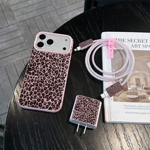 6件組粉色豹紋手機殼 + 充電頭保護套 + 數據線保護套 + 收納繩 + 數據線保護繩 TPU 防震保護殼，適用於 iPhone 6 7 8 XXs XR XS Max 11 12 13 14 15 16 17 Pro Max，適合作為情侶、女性、女兒、男朋友、女朋友、青少年女孩的生日與聖誕禮物 - 彩色 - 查看 2
