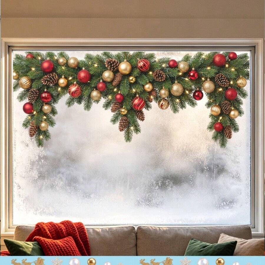 1pc Christmas Window Decal – Pine Branches, Red Berries, And Ornaments – Festive Party Decoration – Home Window Sticker – Shop Window Cling – Merry Christmas - View 1