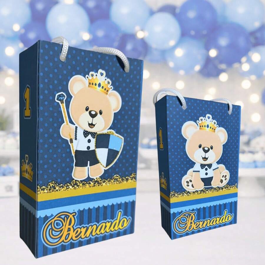 10 Sacolinhas Personalizadas para lembrancinhas - Ursinho Realeza Azul marinho - Multicolorido - Visão 1