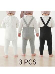 3 Pairs Kids Suspenders Snug Fit Ribbed Tights, Spring/Autumn Simple Versatile Base Layer Socks, School Style Suspenders Design, Suitable For 1-3 Years Old Toddlers - Multicolor - View 3