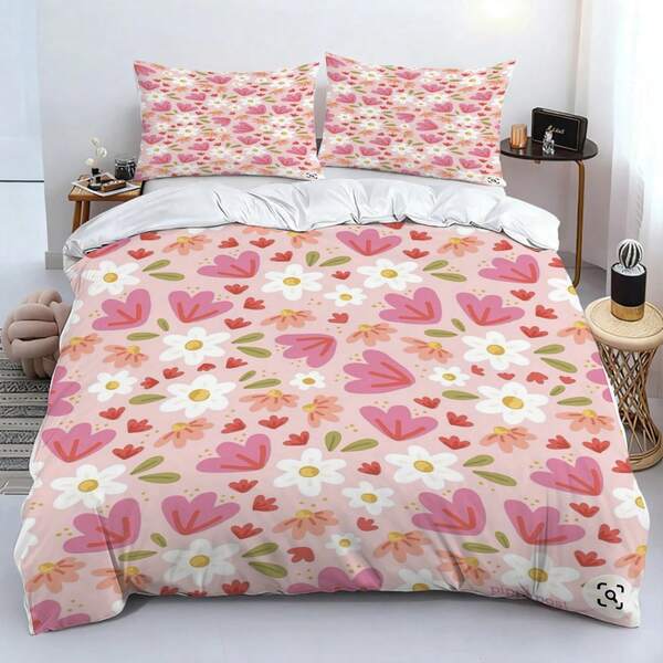 Light Pink Tulip & Daisy Floral 3 PiecesBedding Set (1 Duvet Cover, 2 Pillowcases), All-Season, Suitable For Single/Queen/King/California King Bed, Perfect For Home And Dorm Decor, Ideal Gift For Family And Friends
