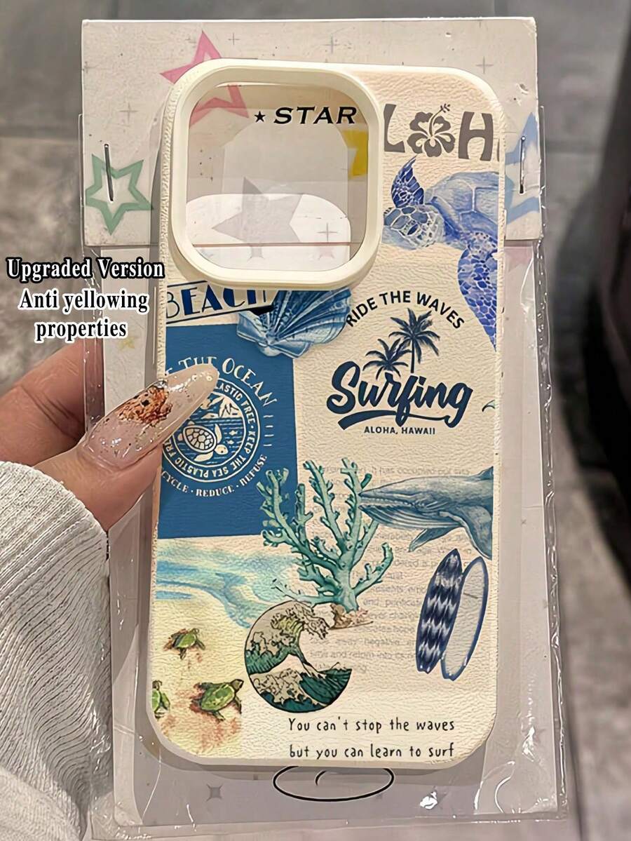 美式藍調海洋度假風手機殼,夏威夷衝浪海龜鯨魚珊瑚拼貼圖案,皮革手感防黃變軟殼,防水防摔防滑,情侶生日假期禮物,適用 11/12 Pro Max/13/14/15 Pro Max/16 Pro/17 Pro Max/17 Air - 藍色 - 查看 1